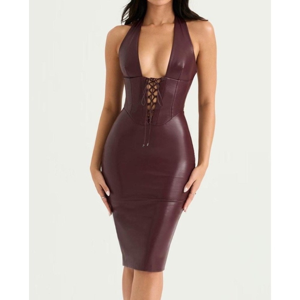 Deep Plum Lace-Up Halter Bodycon Dress